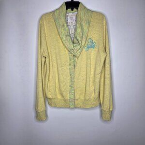 BKE Lounge Sweatshirt Shawl Women's Small Yellow Collar Snap Close Lace Inlay